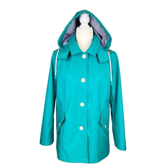 Talbots Classic Raincoat Green/Blue & White Gingham Button Up Hooded Jacket AA - Picture 2 of 11